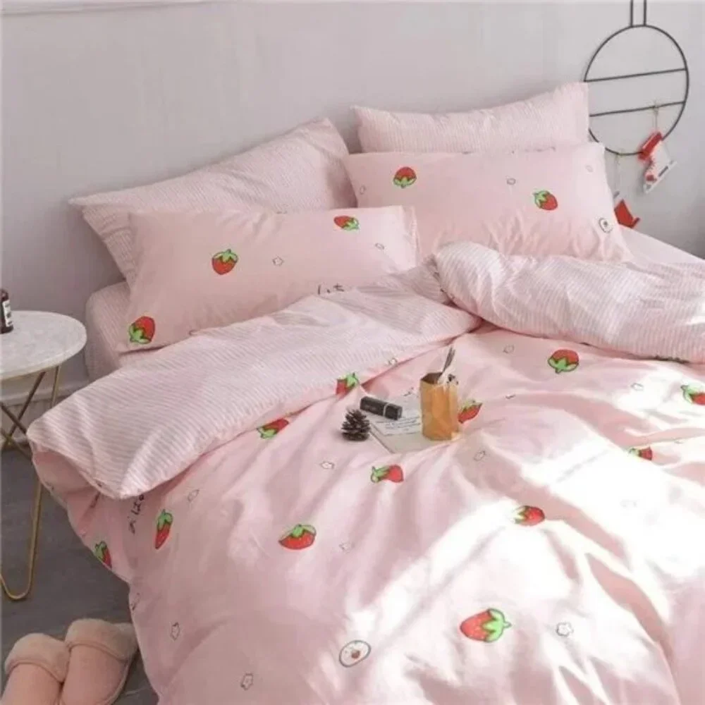 Duvet CoverSet Pure Cotton Cute Pink Anime Bedding Set 3 PCS with Zipper Closure